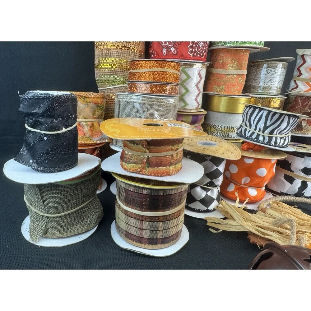 Lot Of 30+ Fall/Halloween Craft Wired Ribbon New & Used